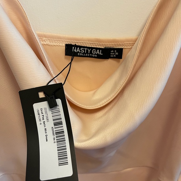NWT Nasty Gal Silk Dress cowl play satin midi dress champagne, color size 4 - Picture 3 of 3